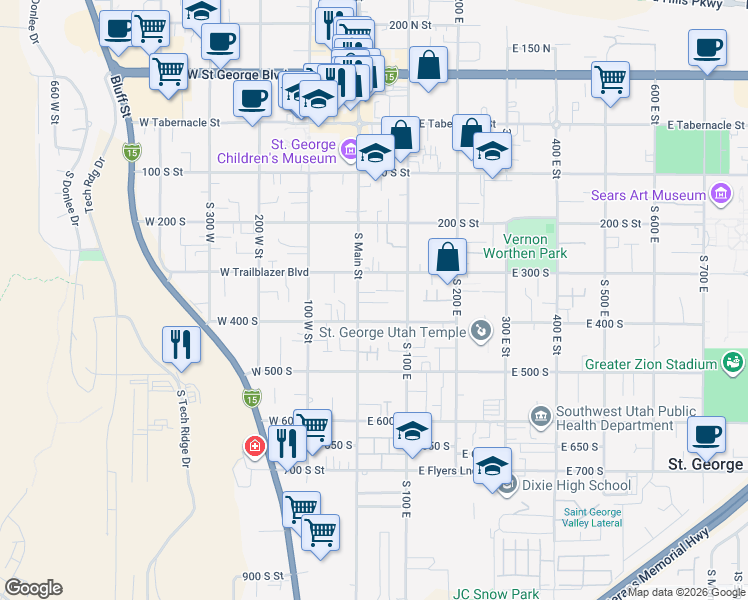 map of restaurants, bars, coffee shops, grocery stores, and more near 331 South Main Street in St. George
