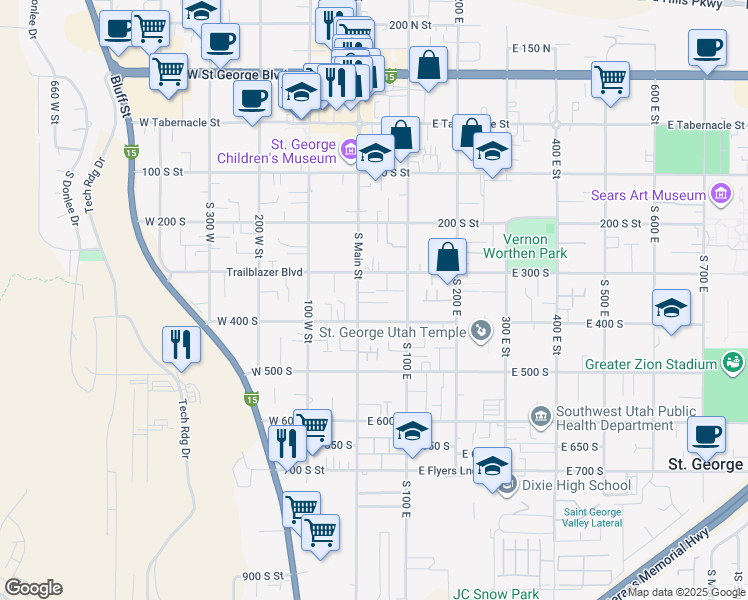 map of restaurants, bars, coffee shops, grocery stores, and more near 375 South Main Street in St. George