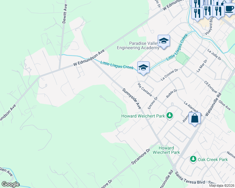 map of restaurants, bars, coffee shops, grocery stores, and more near 15785 Casino Real in Morgan Hill