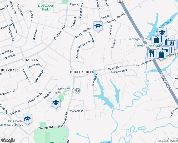 map of restaurants, bars, coffee shops, grocery stores, and more near 195 Hensley Court in Newport News