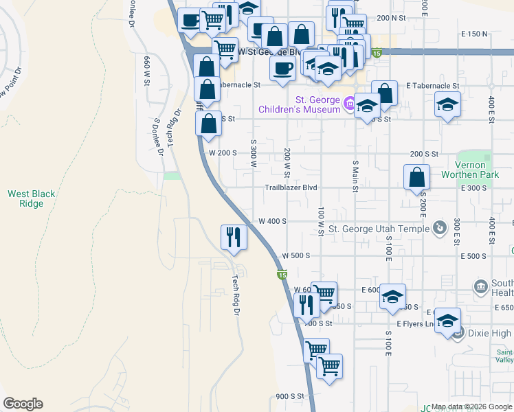 map of restaurants, bars, coffee shops, grocery stores, and more near 355 South 300 West in St. George