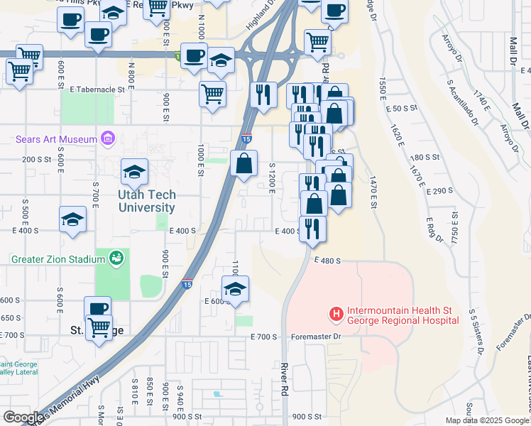 map of restaurants, bars, coffee shops, grocery stores, and more near 1167 East 400 South in Saint George