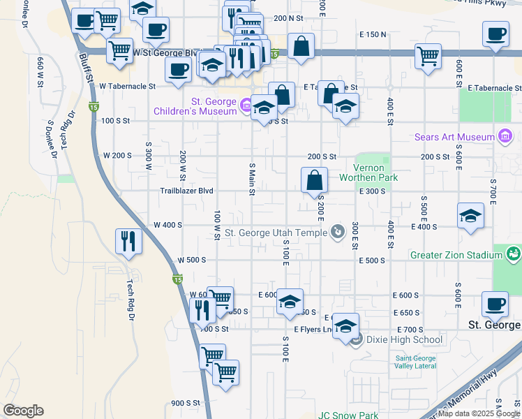 map of restaurants, bars, coffee shops, grocery stores, and more near 331 South Main Street in St. George