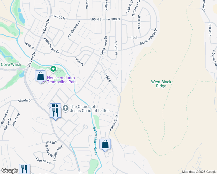 map of restaurants, bars, coffee shops, grocery stores, and more near 1301 West Indian Hills Drive in St. George