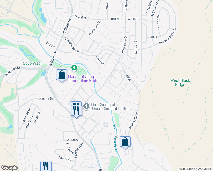map of restaurants, bars, coffee shops, grocery stores, and more near 1481 West Blue Duck Lane in St. George