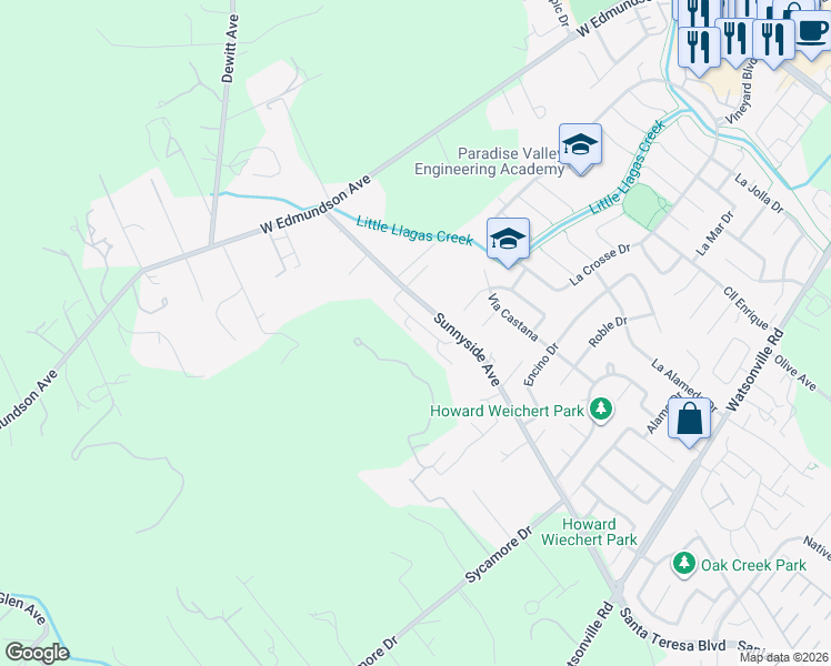 map of restaurants, bars, coffee shops, grocery stores, and more near 15785 Casino Real in Morgan Hill