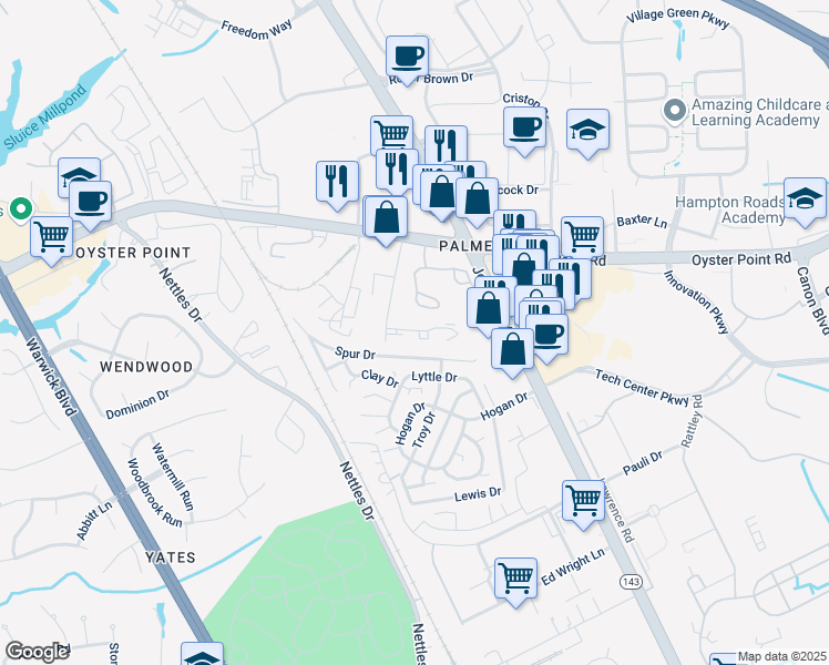 map of restaurants, bars, coffee shops, grocery stores, and more near 555 Blue Point Terrace in Newport News