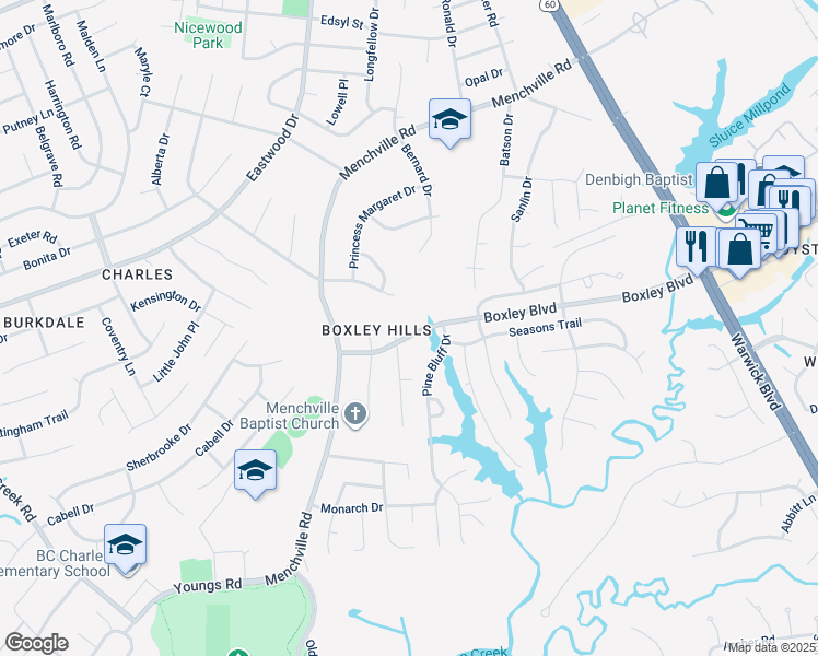 map of restaurants, bars, coffee shops, grocery stores, and more near 195 Hensley Court in Newport News