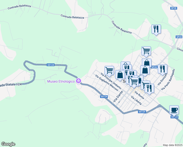 map of restaurants, bars, coffee shops, grocery stores, and more near 136 Via Guglielmo Marconi in Solarino