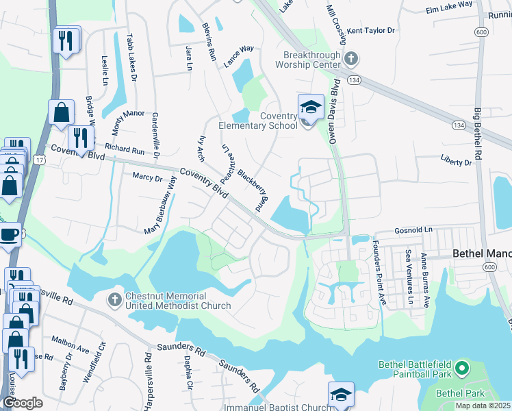 map of restaurants, bars, coffee shops, grocery stores, and more near 103 Blackberry Bend in Yorktown