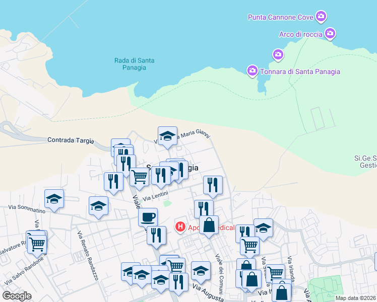 map of restaurants, bars, coffee shops, grocery stores, and more near 38 Via Pachino in Siracusa