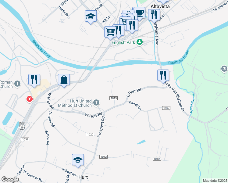 map of restaurants, bars, coffee shops, grocery stores, and more near 112 Knollwood Drive in Hurt