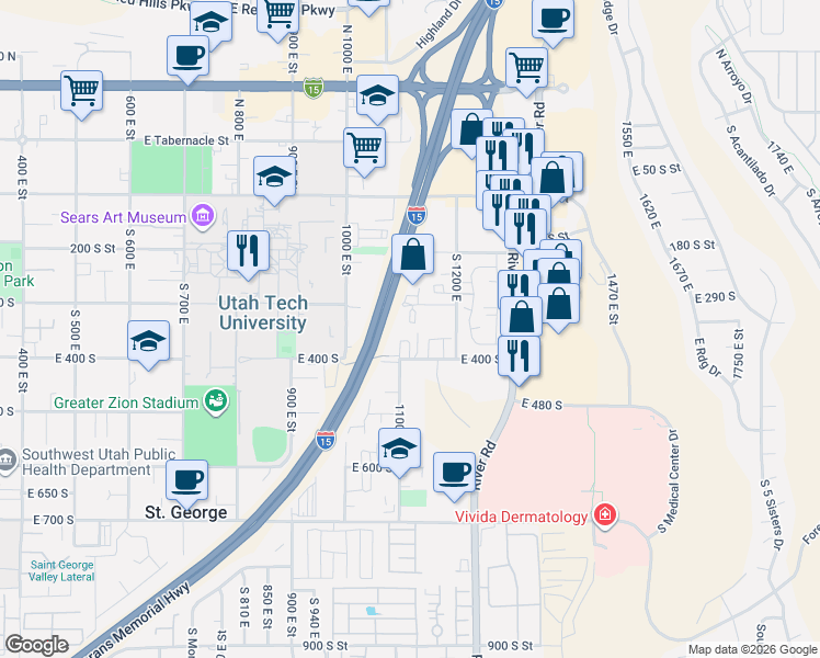 map of restaurants, bars, coffee shops, grocery stores, and more near 1122 East 300 South in St. George