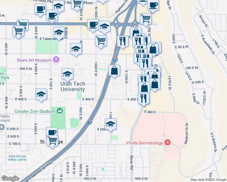 map of restaurants, bars, coffee shops, grocery stores, and more near 1122 East 300 South in St. George
