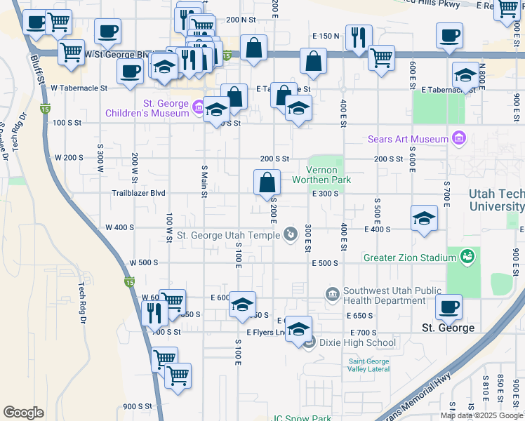 map of restaurants, bars, coffee shops, grocery stores, and more near 356 200 South in St. George