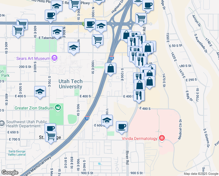 map of restaurants, bars, coffee shops, grocery stores, and more near 1122 East 300 South in St. George