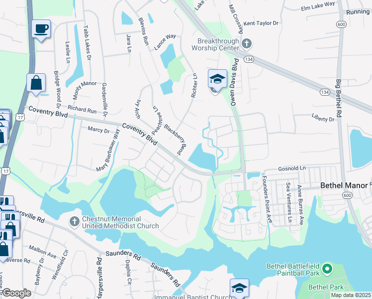 map of restaurants, bars, coffee shops, grocery stores, and more near 106 Blackberry Bend in Yorktown