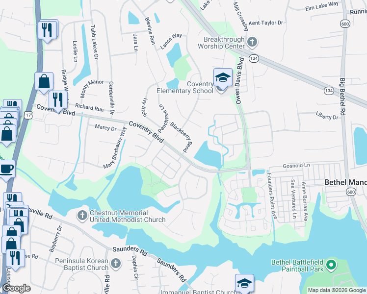 map of restaurants, bars, coffee shops, grocery stores, and more near 107 Blackberry Bend in Yorktown