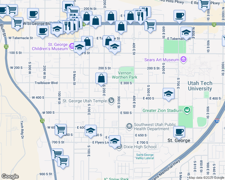 map of restaurants, bars, coffee shops, grocery stores, and more near 325 South 200 East in St. George