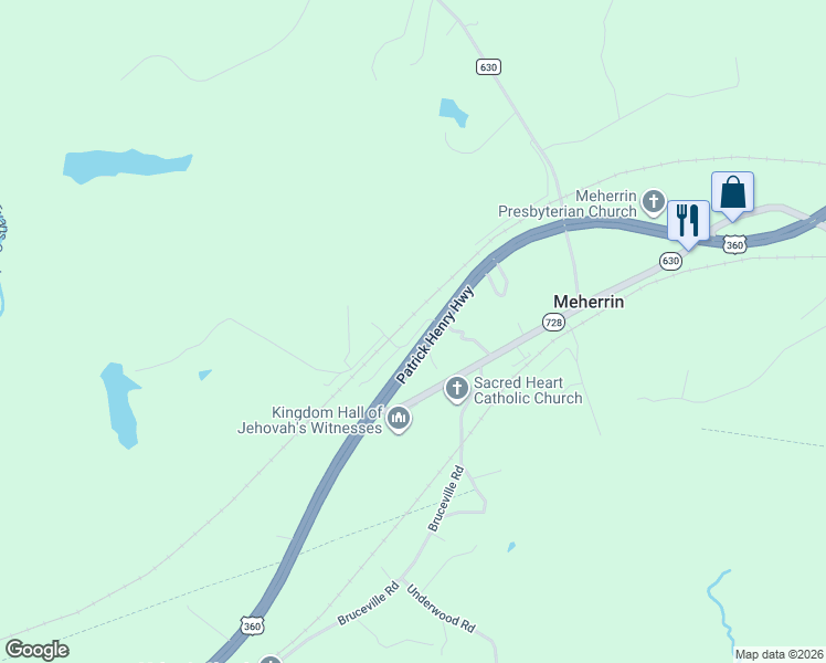 map of restaurants, bars, coffee shops, grocery stores, and more near County Road 729 in Prince Edward