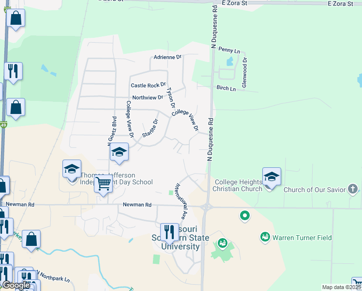 map of restaurants, bars, coffee shops, grocery stores, and more near 3902 College View Drive in Joplin