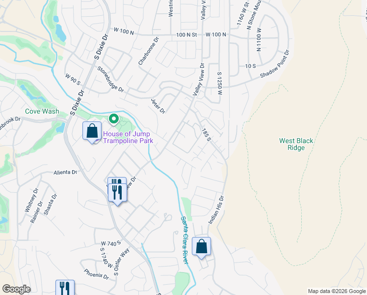 map of restaurants, bars, coffee shops, grocery stores, and more near 275 South Valley View Drive in St. George