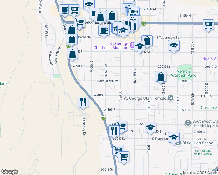map of restaurants, bars, coffee shops, grocery stores, and more near 345 South 200 West in St. George