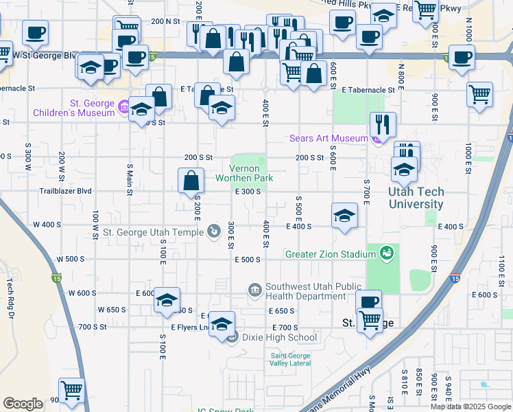 map of restaurants, bars, coffee shops, grocery stores, and more near 376 East 300 South in St. George