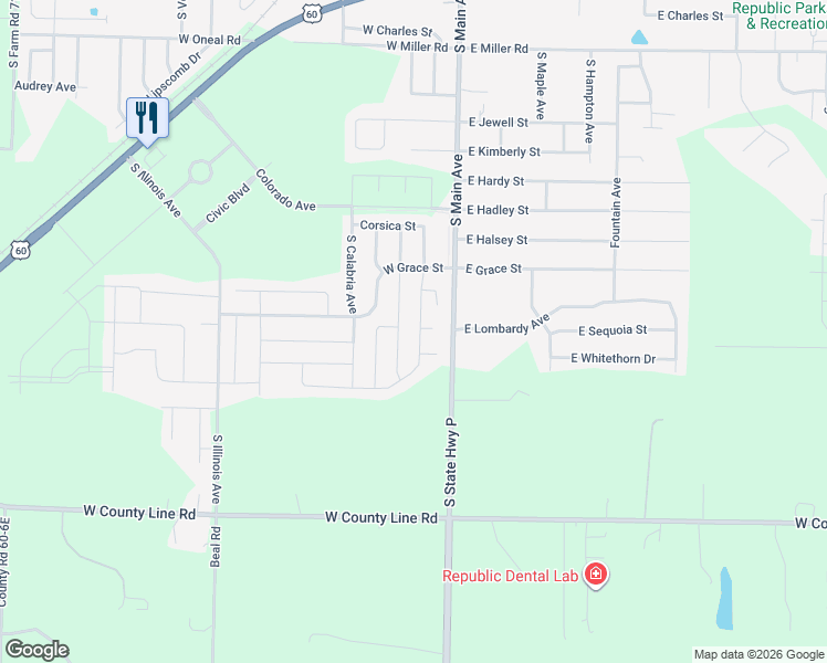 map of restaurants, bars, coffee shops, grocery stores, and more near 1304 South Rome Avenue in Republic
