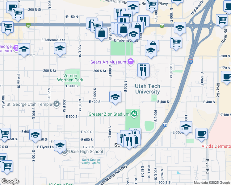 map of restaurants, bars, coffee shops, grocery stores, and more near 344 South 660 East Circle in St. George