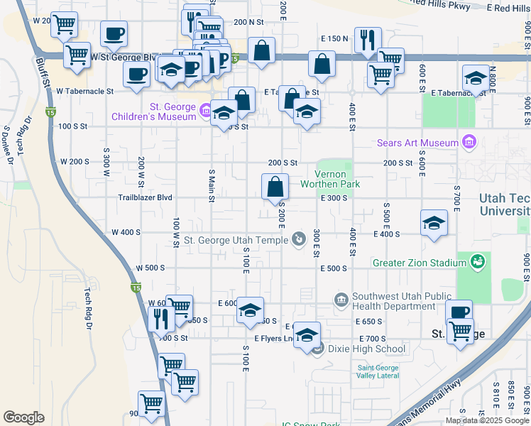 map of restaurants, bars, coffee shops, grocery stores, and more near 356 200 South in St. George