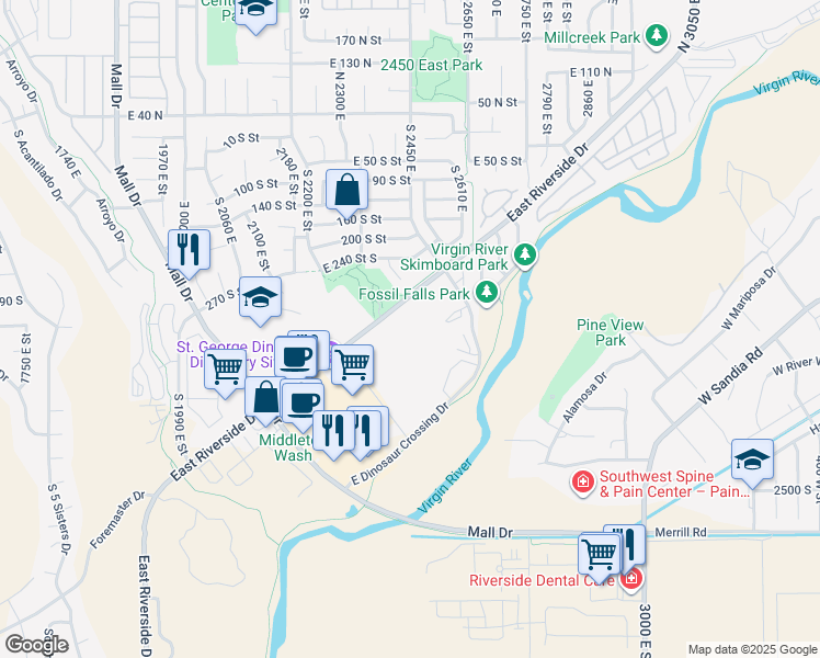map of restaurants, bars, coffee shops, grocery stores, and more near 2410 East Riverside Drive in St. George