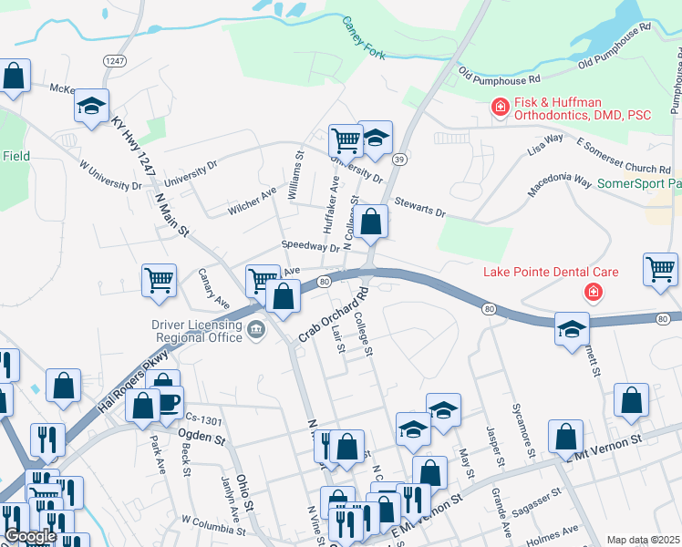 map of restaurants, bars, coffee shops, grocery stores, and more near 311 North College Street in Somerset