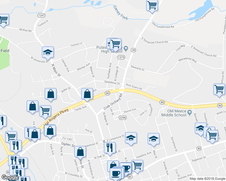 map of restaurants, bars, coffee shops, grocery stores, and more near 311 North College Street in Somerset