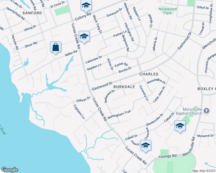 map of restaurants, bars, coffee shops, grocery stores, and more near 132 Eastwood Dr in Newport News