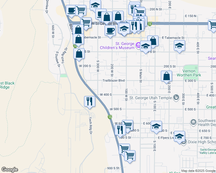 map of restaurants, bars, coffee shops, grocery stores, and more near 331 South 200 West in St. George