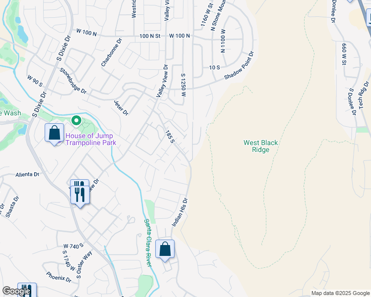 map of restaurants, bars, coffee shops, grocery stores, and more near 1210 West Indian Hills Drive in St. George