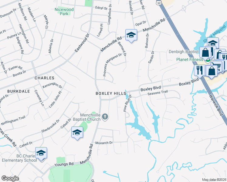 map of restaurants, bars, coffee shops, grocery stores, and more near 195 Hensley Court in Newport News