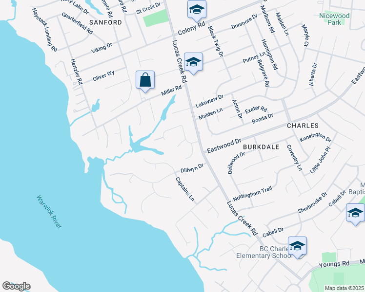 map of restaurants, bars, coffee shops, grocery stores, and more near 76 Park Hill Circle in Newport News