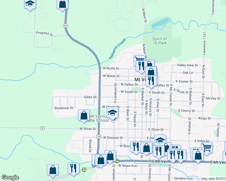 map of restaurants, bars, coffee shops, grocery stores, and more near 225 South Landrum Street in Mount Vernon