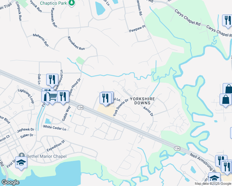 map of restaurants, bars, coffee shops, grocery stores, and more near 209 Amersham Drive in Yorktown