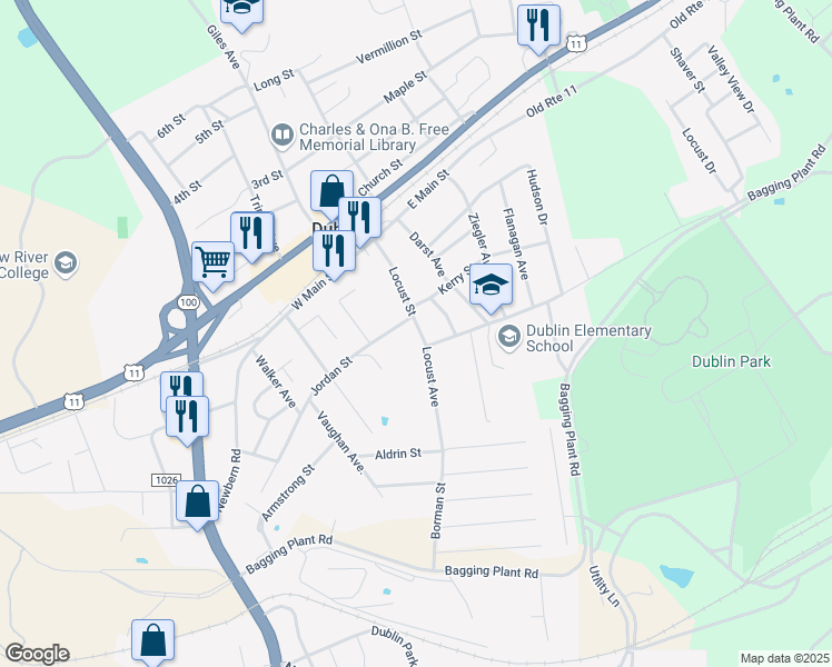 map of restaurants, bars, coffee shops, grocery stores, and more near 324 Locust Street in Dublin