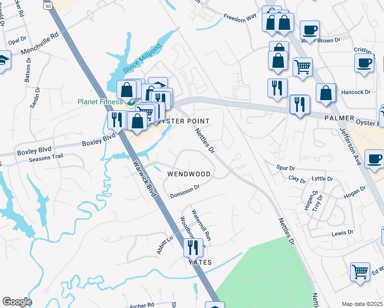 map of restaurants, bars, coffee shops, grocery stores, and more near 319 Dominion Drive in Newport News