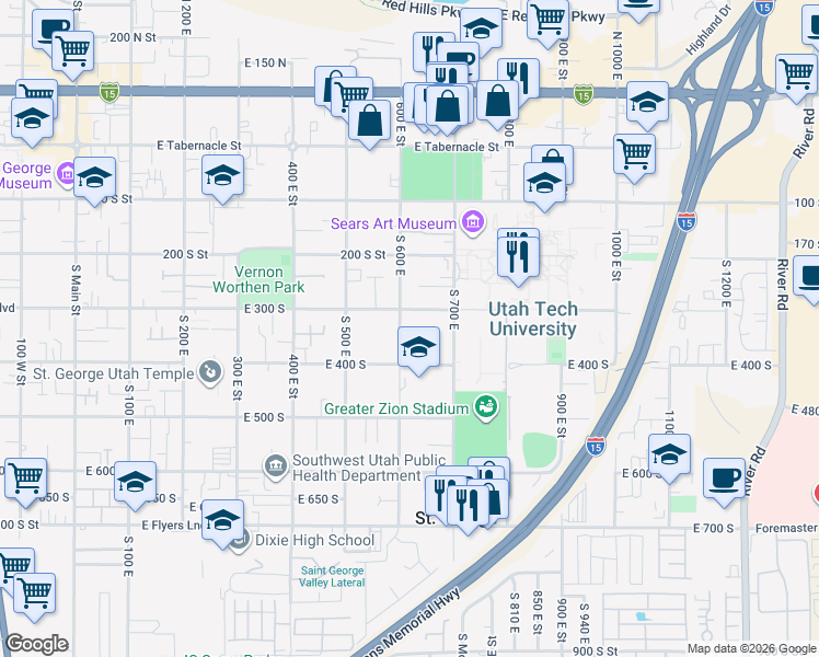 map of restaurants, bars, coffee shops, grocery stores, and more near 339 South 660 East Circle in St. George
