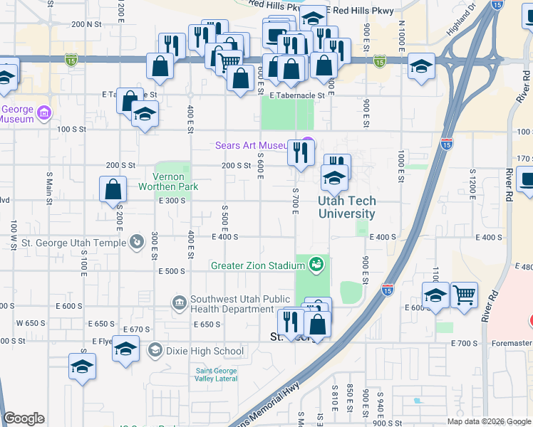 map of restaurants, bars, coffee shops, grocery stores, and more near 326 South 600 East in St. George