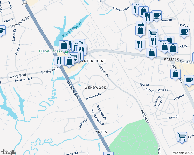 map of restaurants, bars, coffee shops, grocery stores, and more near 321 Dominion Drive in Newport News