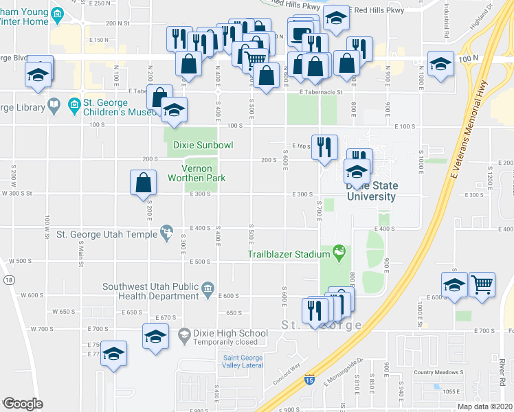 map of restaurants, bars, coffee shops, grocery stores, and more near 331 South 500 East in St. George