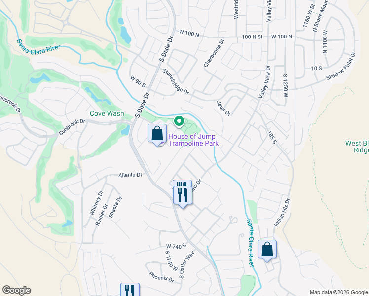 map of restaurants, bars, coffee shops, grocery stores, and more near 333 South Parkside Circle in St. George