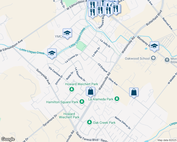 map of restaurants, bars, coffee shops, grocery stores, and more near 525 La Paz Ct in Morgan Hill