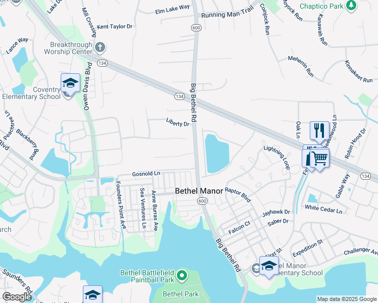 map of restaurants, bars, coffee shops, grocery stores, and more near 2901 Big Bethel Road in Yorktown